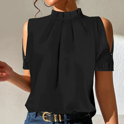 LM | Chic black pleated top with open sleeves