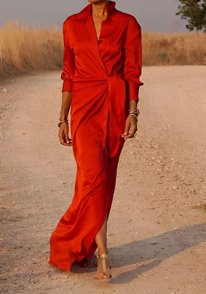 LM | Long-sleeved maxi dress with lapels and slim fit